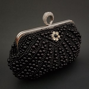 Evening Handbag Clutch Purse Pearls Wedding Party Black