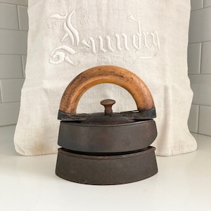 Two Antique Cast Iron Sad Irons with Interchangeable Detachable Wooden Handle ~ Vintage Laundry Room ~ Farmhouse Decor ~ Primitive