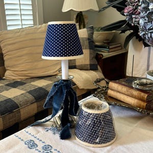 Vintage Set of Two Navy Blue Fabric with White Polka Hearts Chandelier Lampshades ~ Wall Sconce Lampshades ~ Cottagecore