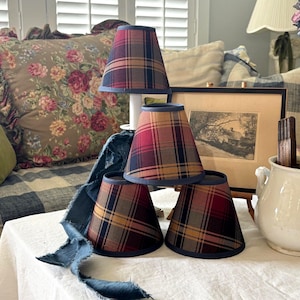 Vintage Set of Four English Plaid Tan, Blue, Burgundy Fabric Cotton Chandelier Lampshades ~ Wall Sconce Lampshades ~ Office ~ Library