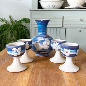 Vintage 1972 MCM Pacific Stoneware Pottery Decanter Vase and 4 Goblets signed by B Welsh ~ Boho ~ Northwest pottery