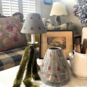 Vintage Set of Four Plaid Tan and Green with Red Apples Colored Fabric Cotton Chandelier Lampshades ~ Wall Sconce Lampshades