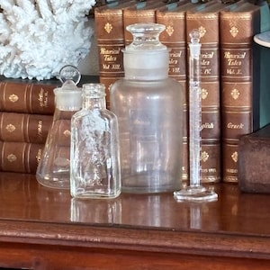 Vintage Glass ~ ACE Shoe Polish Bottle, Apothecary Bottle, Pyrex No. 2982 Graduated Cylinder with Stopper, KIMAX Flask with Stopper