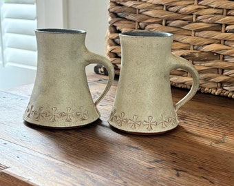 Vintage Hand Thrown Stoneware Mug Set | Earthenware Coffee Cups with Blue Interior
