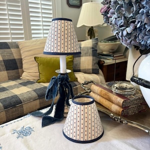 Vintage Set of Two Cream Colored Fabric with Light Blue and Red Apple Striped Cotton Chandelier Lampshades ~ Wall Sconce Lampshades