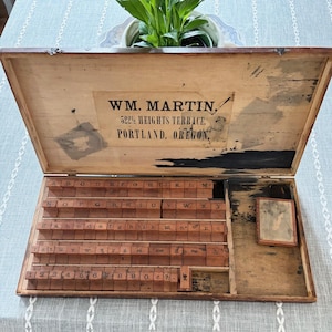Antique Wooden Rubber Stamps in Latching Wooden Box ~ Type Set Lettering ~ Vintage Office Decor ~ Advertisement ~ Farmhouse Decor