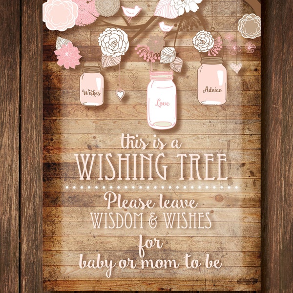 Baby Shower Wishing Tree Sign and Tags (Girl)- Instant Digital Download