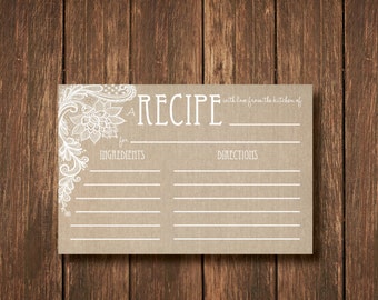 Burlap and Lace Recipe Card - Instant Digital Download