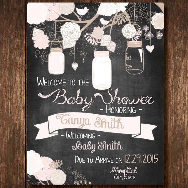 Mason Jar Chalkboard Baby Shower Sign for Baby Girl - Pink - Custom Digital Copy