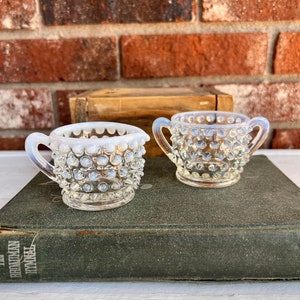 Fenton Glass Vintage Opalescent Hobnail Moonstone Mini Creamer Sugar Bowl Set, Vintage Fenton White Hobnail Coffee Tea Sugar Creamer Set