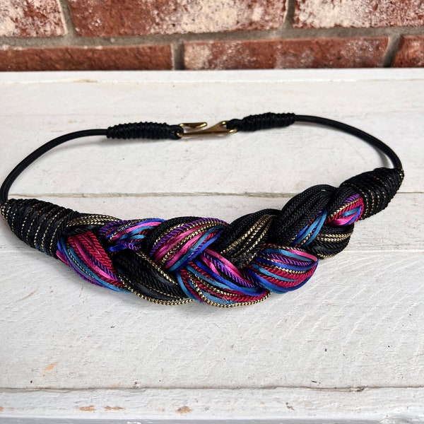 Vintage Womens Statement Belt, Cinch Rope Braided Belt 80s/90’s Gold Metallic Black Pink Blue Purple Braided Nylon Stretch Statement Belt