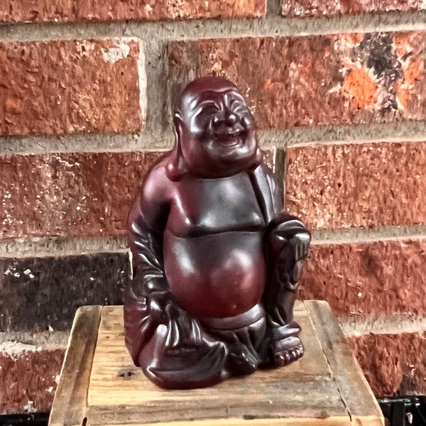 Vintage Buddha, Feng Shui Red Resin Plastic Buddha Figure, Laughing Happy Maroon Buddha, Maroon Red Happy Laughing Buddha Figurine