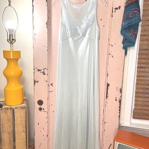 Vintage Slip Dress, Light Baby Blue Lace Nightgown Lingerie Peignoir, Long Maxi Nylon Blue Sleeveless Slip Dress