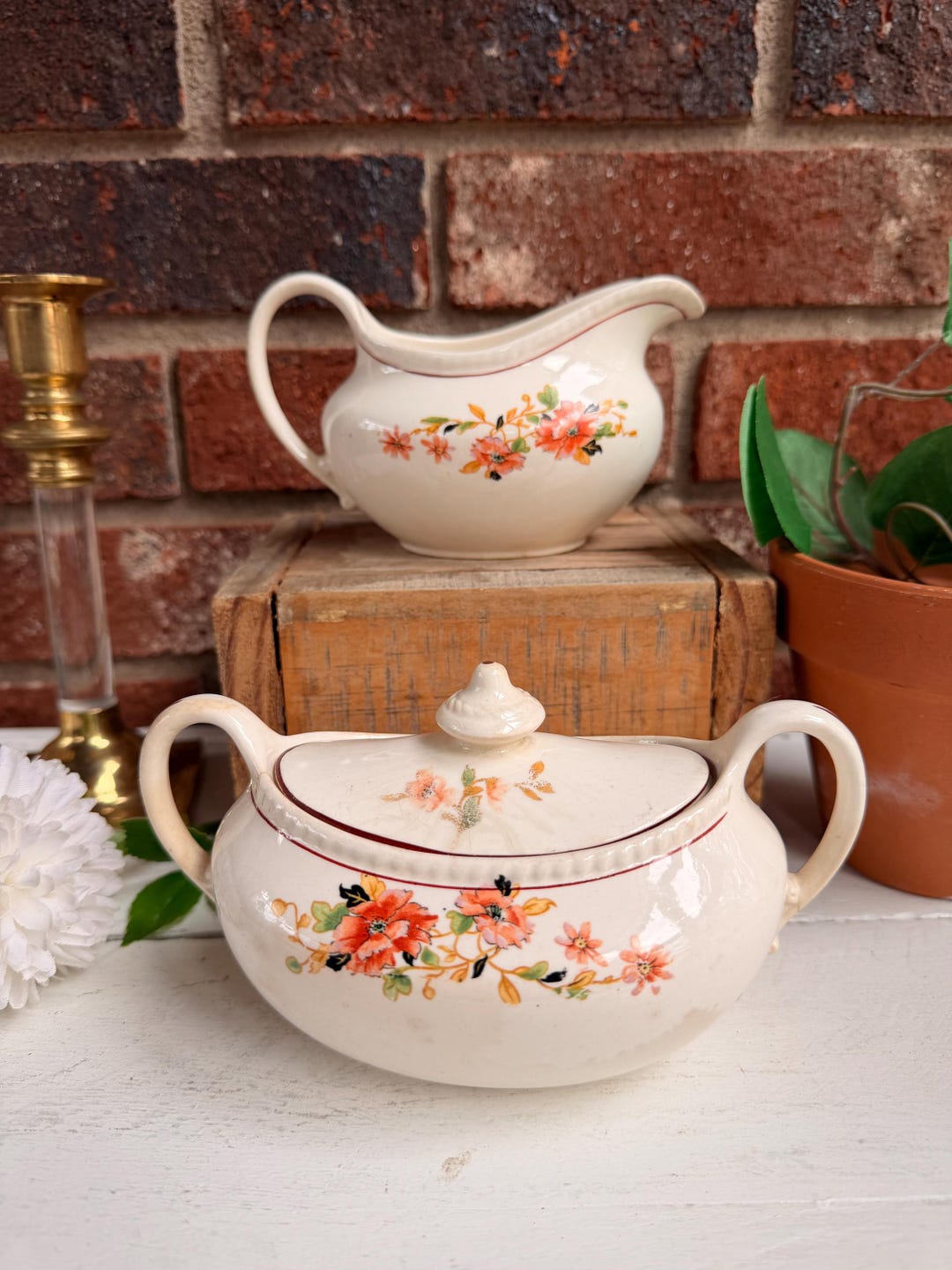 Rare Vintage Royal Ivory Gravy Boat and Sugar Bowl Fall Floral Oranges ...