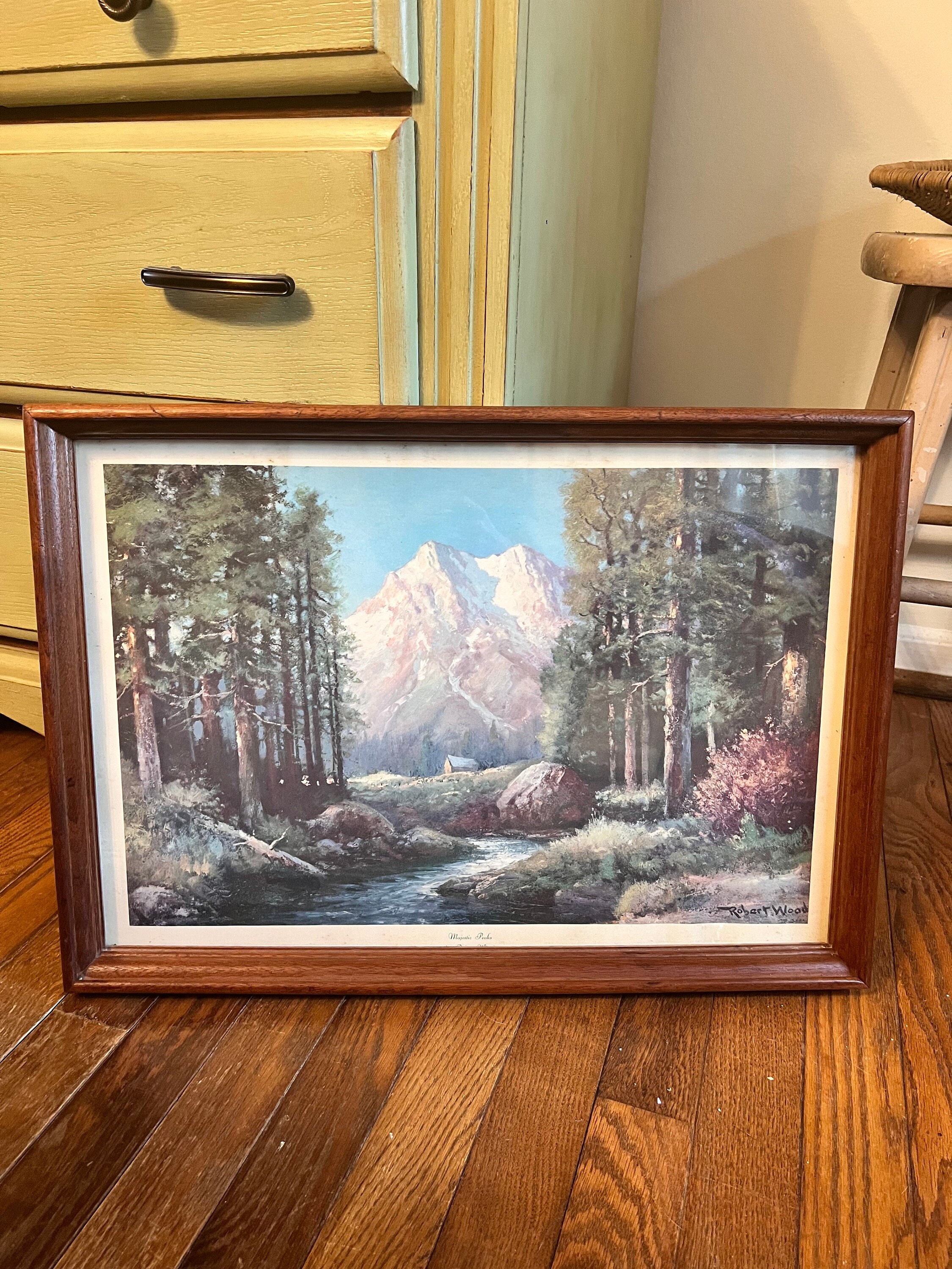 Vintage MCM Robert Wood Majestic Peaks Picture Print, Wood Frame