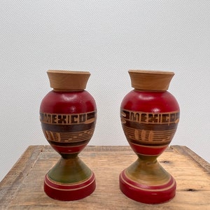 Hand-Carved Salt and Pepper Shakers Pedestal Mexico Souvenir, Maroon Hand Painted Wood Carved Turned