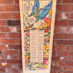 Vintage Wall Calendar 1983 Long Scroll Bamboo Wall Calendar Butterflies Cottage Fairy Floral Gnomes Retro 1980's Kitchen Wall Calendar