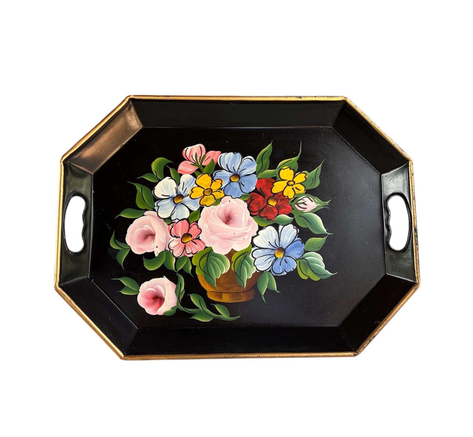 Vintage Toleware Black Metal Tray Hand Painted Floral Flower