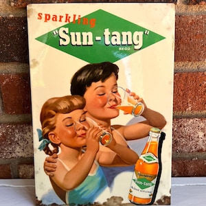 Vintage Sparkling Sun Tang 1950’s Advertising Sign 7x10” Nice Bright Colors Original Soda Pop Advertisement Standing or Hanging Metal Sign