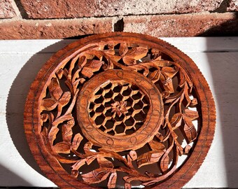 Vintage Teak Trivet, Hand carved Teak Footed Trivet Floral 1970s Retro Art Boho Style, Made in India Footed Trivet, Wood Candle Stand Holder