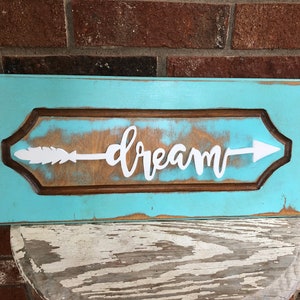 Dream sign, dream arrow, boho arrow sign, boho dream sign, distressed dream sign, dream wall decor, blue dream, blue arrow, wooden arrow