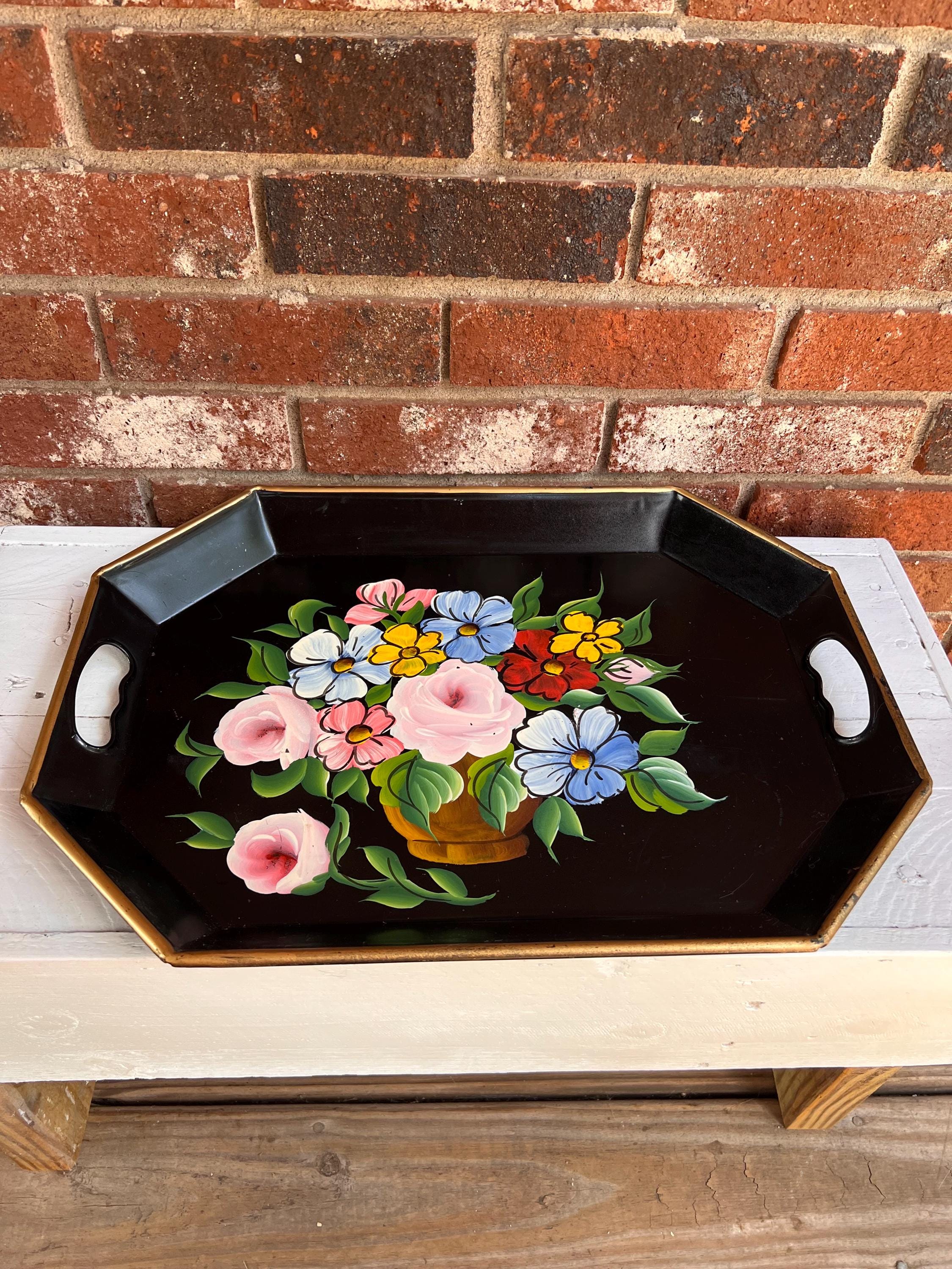 Vintage Toleware Black Metal Tray Hand Painted Floral Flower