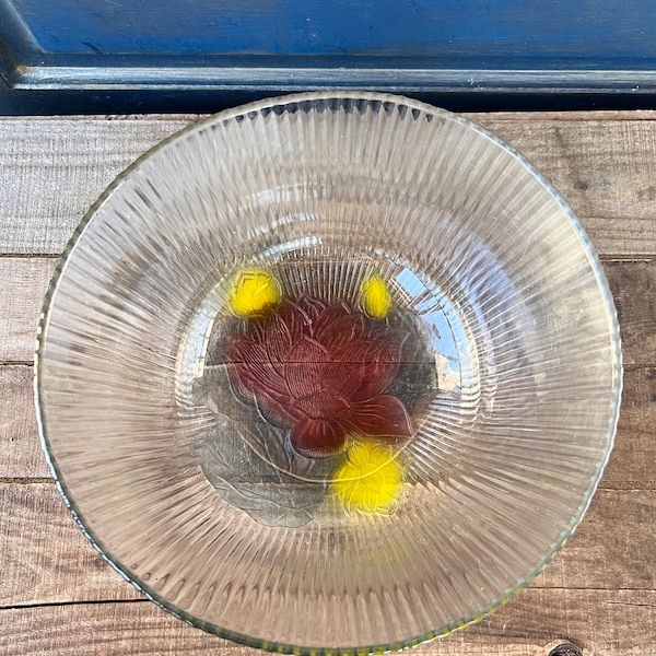 Vintage Ribbed Glass Fruit Bowl With Etched Painted Pink and Yellow Colored Flowers On Bottom, Retro Cottage MCM Kitchen Accessories