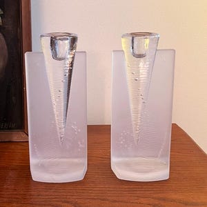 Vintage MCM Art Glass Candle Holder Kosta Boda Kjell Engman Sweden Ice Age Funnel Shape Blown Glass Post Modern Candlestick Holders