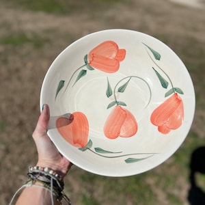 Vintage Ceramic Fruit Serving Bowl Platter, Hand Painted Fruit Bowl Flowers Hearts, Cottage Farmhouse Fruit Bowl