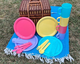 Wicker Picnic Basket Vintage, Durable Plastic Dinnerware Set with Cups, Picnic Set for 4, Vintage Picnic Set, Pastel Picnic Plates Cups