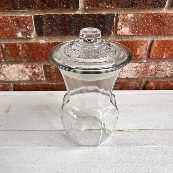 Vintage Tall Round Apothecary Clear Glass Jar Canister Sealed Lid ITALY, Glass Storage Container Italian Glass Unique Jar Swirl Lid Bottle