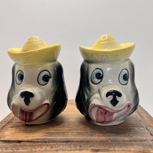 Vintage Salt & Pepper Shakers Cartoon Dog Tongue Out Sombrero Souvenir Bay City MI, Made in Japan Ceramic Dog Shaker Set