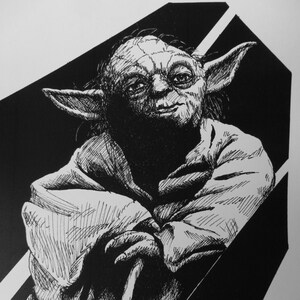 May include: A black and white pen and ink drawing of Yoda from Star Wars. Yoda is depicted with his signature large ears, wrinkled face, and robe, holding a staff. The artwork is set against a geometric black and white background.
