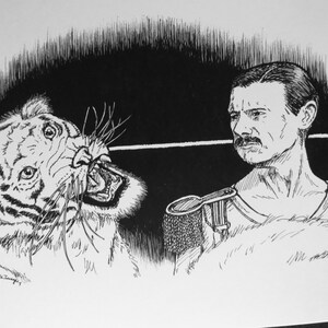 May include: Black and white ink drawing of a tiger facing a man in a military-style jacket. The tiger is roaring, and the man has a mustache. The artwork is signed "Jean Park Macabre Park Imagery 11-13-18".
