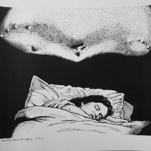 May include: A black and white pen and ink illustration of a person sleeping in a bed. The person is lying on a pillow and covered with a blanket. Above the person is a cloud-like shape with dots.