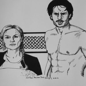 Puede incluir: Dibujo a tinta en blanco y negro de dos personas. Se representa a una mujer con una trenza y a un hombre con físico musculoso. El dibujo incluye un borde decorativo y el texto "Jean Park Macabre Park Imagery 8-29-21".