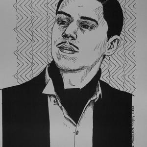 Peut inclure: Dessin à l'encre noir et blanc d'un homme avec une moustache, portant une veste de costume et une chemise à col. L'arrière-plan présente un motif en zigzag répétitif. L'œuvre est signée et datée.