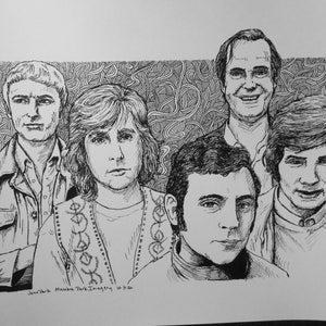 May include: Black and white ink drawing of five people. The drawing is on a white background with a patterned background behind the people. The drawing is signed "Jene Park, Manor Park Imagery, 10.3.20".