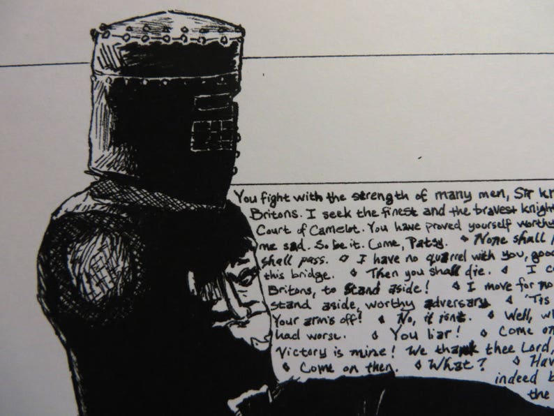 Puede incluir: Una ilustraci&oacute;n en blanco y negro de un caballero con armadura y casco. El caballero sostiene una espada y un escudo. El texto de la imagen dice: "You fight with the strength of many men, Sir kr Britons. I seek the finest and the bravest knigh Court of Camelbt. You have proved yourself worthu me sad. So be it. Come, Patsy. None stall shall pass. I have no quarrel with you, gooo this bridge. Then you shall die. I co Britons, to Stand aside! I move for mo stand aside, worthy adversary 4 TPS Your arm's off! No, it ront. Well, wi had worse. &bull; You liar! &bull; Come O Victory is mine! We thank thee Lord, Come on then. What? Hav indeed b the"