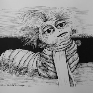 May include: Black and white pen and ink drawing of a worm-like creature with a long, rope-like body and a face with large eyes. The creature is resting on a surface, with the artist's signature and date at the bottom.