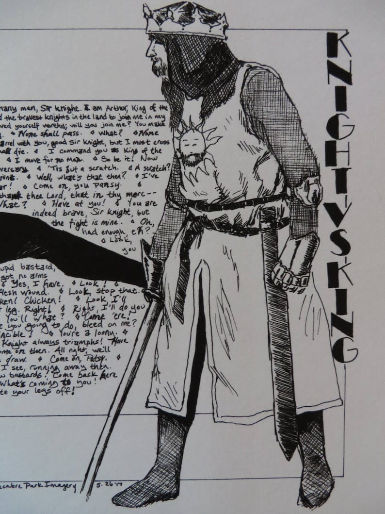 Puede incluir: Una ilustraci&oacute;n en blanco y negro de un caballero con armadura frente a un rey. El caballero sostiene una espada y el rey lleva una corona. El texto "KNIGHT VS KING" est&aacute; escrito en letras grandes en el lado derecho de la imagen. El texto de la imagen dice: "many men, Sir knight. I am Arthur, King of the I the bravest knights in the land to join me in my wed yourself werthes; will you join me? You make what? Nore None shall pass. Brrel with you, good sir knight, but I must cross mall die. I command you as king of the I move for The Max. So be it! Now versary 4 Tis But a scratch. A scratch? jint. Well, what's that then? I've ar! Come on, you pansy. thank thee Lord, that in thy merc-- Have at you! You are indeed brave, Sir knight, but the fight is mine. On, had enough, eh?? you Yes, I have, Look! lesh wound. Look, stop that.. ken! Chicken! Look, I'll -leg. Right! Right, Right.. I'll do you You'll what? Came 'ere! you going to do, bleed on me? Acible You're a loony. 4 Knight always triumphs! Have me on theen. All night, we'll -draw. Come on, Patsy. I see, running away then. bastards. Come back here what's coming to you! te your legs off!"