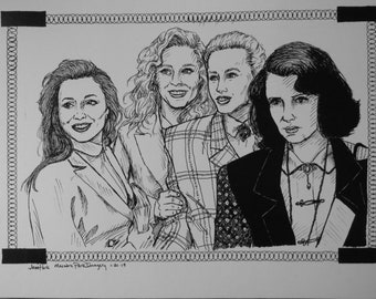 May include: Black and white ink drawing of four women. The women are all wearing different outfits and have different hairstyles. The drawing is framed with a black border and a decorative border of circles.