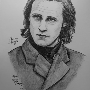 May include: A black and white pencil drawing of a man with long hair, wearing a dark jacket and a collared shirt. The drawing is signed "Alexander Skarsgard" and "JennPort Macabre Park Imagery 3-15-18".