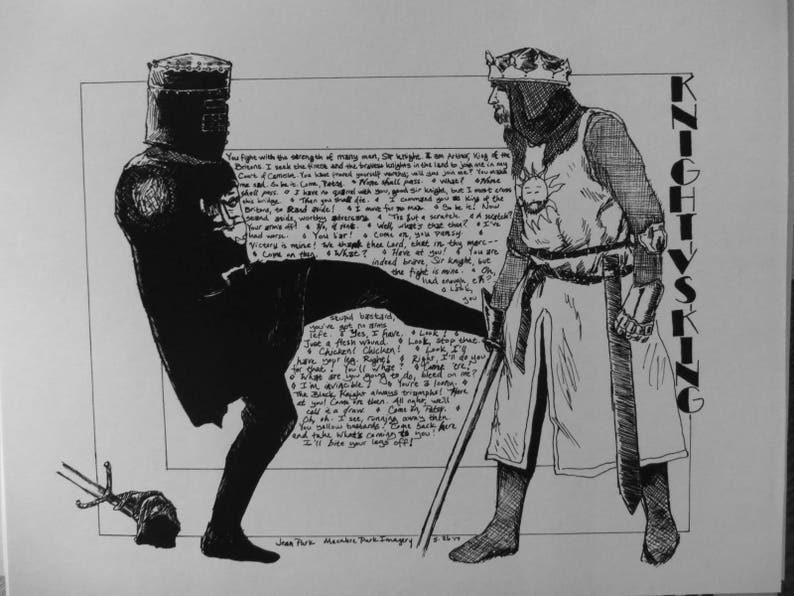Puede incluir: Ilustraci&oacute;n en blanco y negro de un caballero y un rey que se enfrentan. El caballero lleva armadura y sostiene una espada. El rey lleva una corona y una t&uacute;nica. El texto "KNIGHT VS KING" est&aacute; escrito en la esquina superior derecha de la imagen.