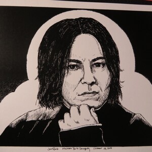May include: Black and white ink drawing of a man with long, dark hair, resting his chin on his hand. The portrait is set against a white, cloud-like shape, with a dark background. The artist's signature and date are in the bottom corner.