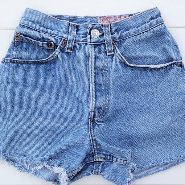 22 inch waist-----Vtg 70's Levis high waist  button fly faded   cut off denim shorts