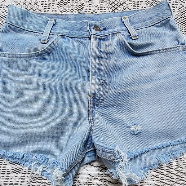 29  inch waist-----Vtg 70's orange tab  Levis  distressed cut off denim shorts