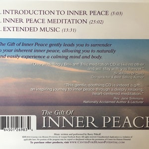 May include: A CD case with the title "The Gift of Inner Peace" in large white letters. The case lists three tracks: Introduction to Inner Peace, Inner Peace Meditation, and Extended Music. The case also includes quotes and website information.