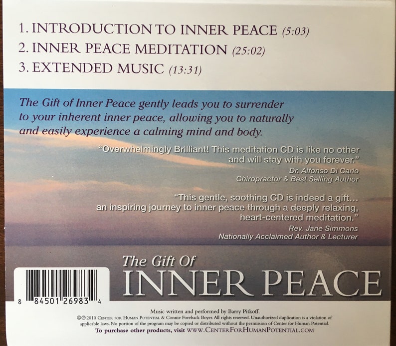 May include: A CD case with the title "The Gift of Inner Peace" in large white letters. The case lists three tracks: Introduction to Inner Peace, Inner Peace Meditation, and Extended Music. The case also includes quotes and website information.