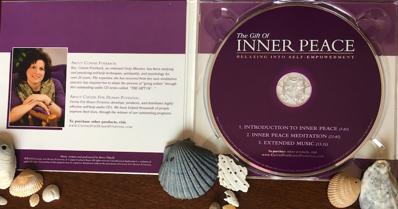 May include: A CD case with a purple interior and a CD labeled "The Gift of Inner Peace." The CD case includes information about Connie Foreback and Center for Human Potential. The CD features tracks for relaxation and self-empowerment.